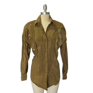Vintage 80s Blouse Size S Studded Structured Olive Green Snaps Dolman Sleeves